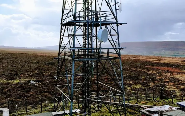 High-zoom drone inspection of telecom infrastructure in Blaenavon, South Wales.