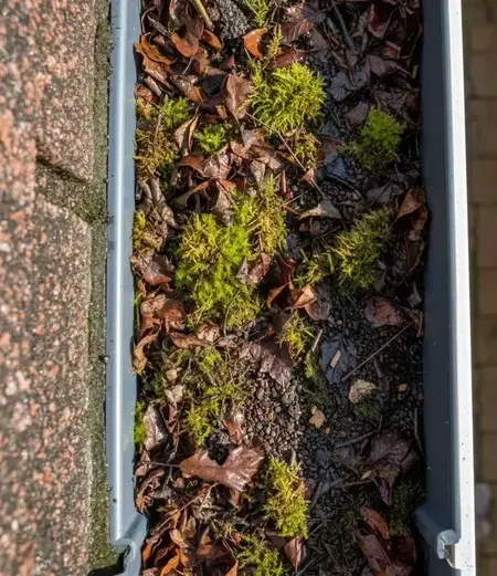 Blocked and overflowing residential guttering causing potential water damage.