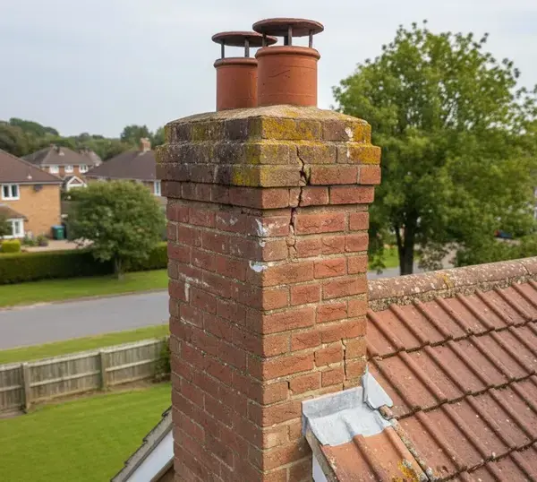 Eroded mortar and poor pointing on chimney stack.
