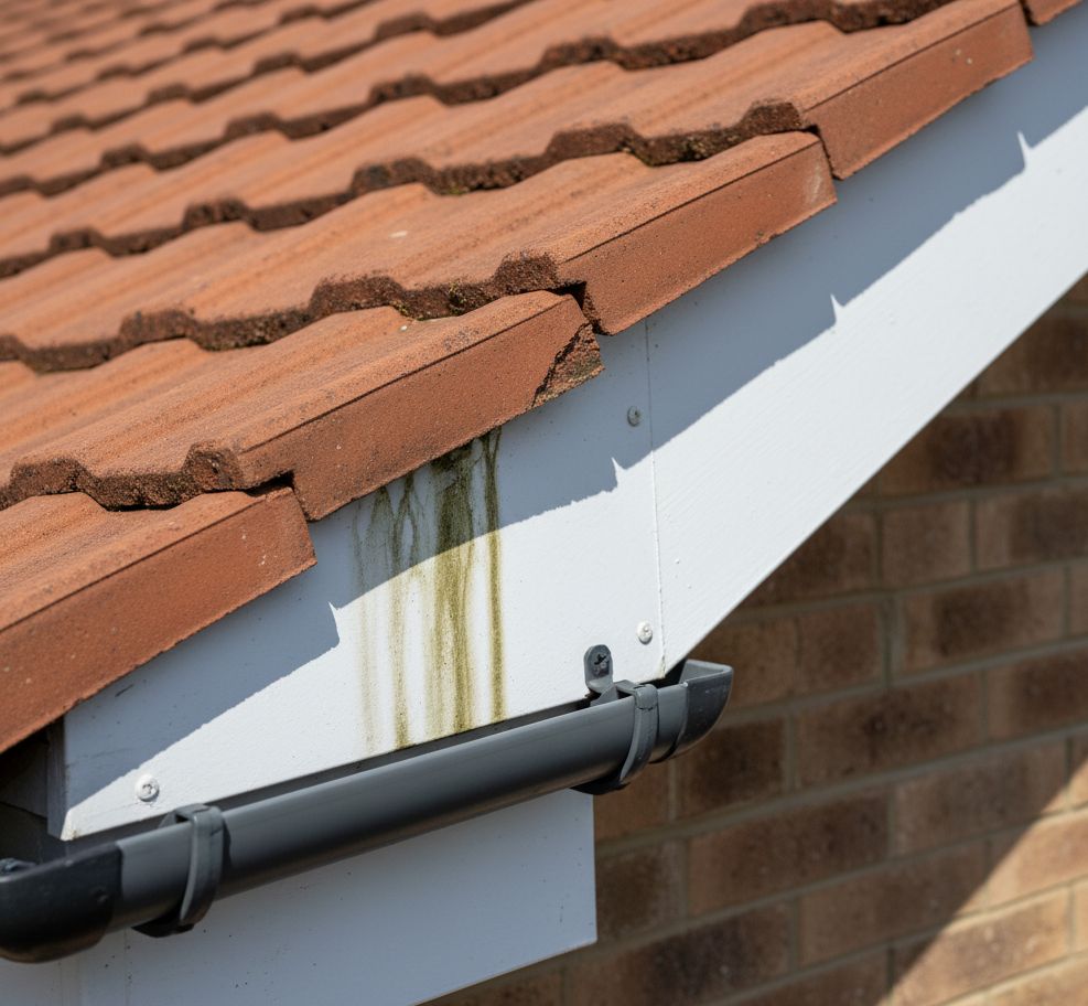 Water damage and rot on wooden fascia board