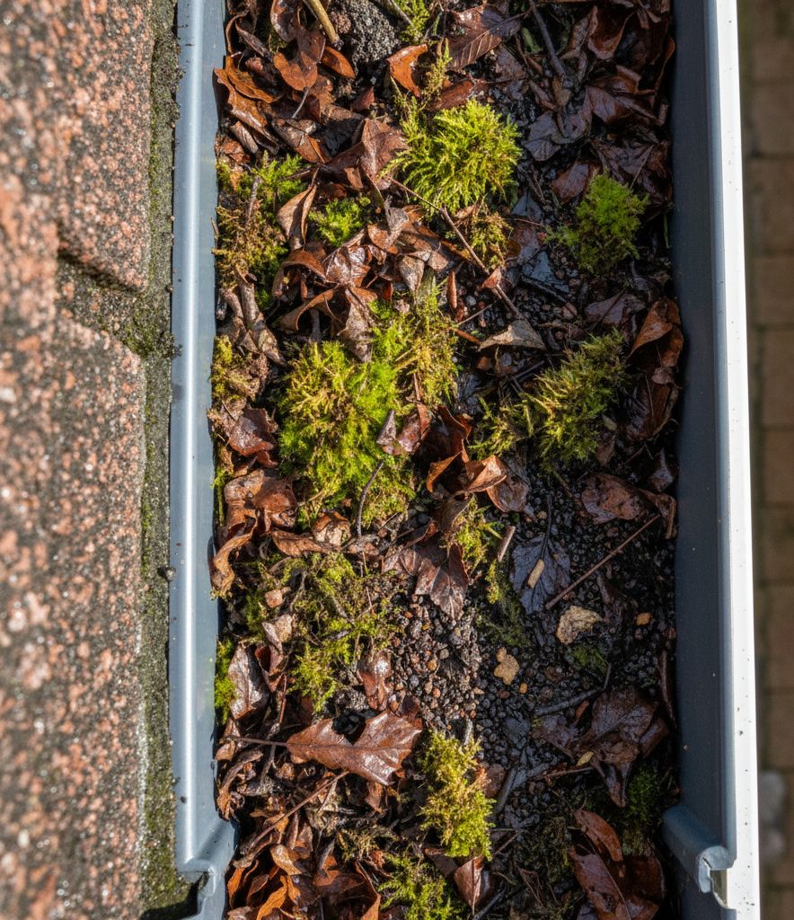 Blocked and overflowing residential guttering with leaves and debris