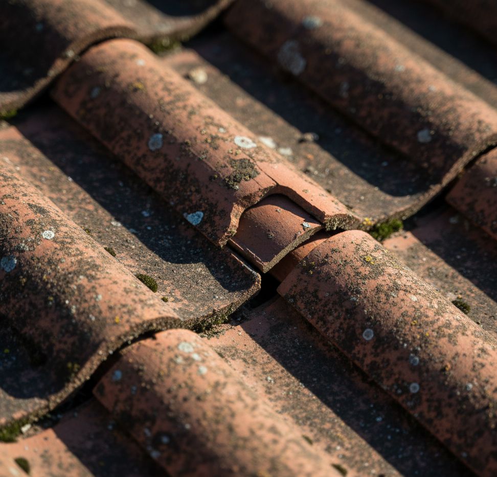 Close-up of fractured and slipped roof tiles