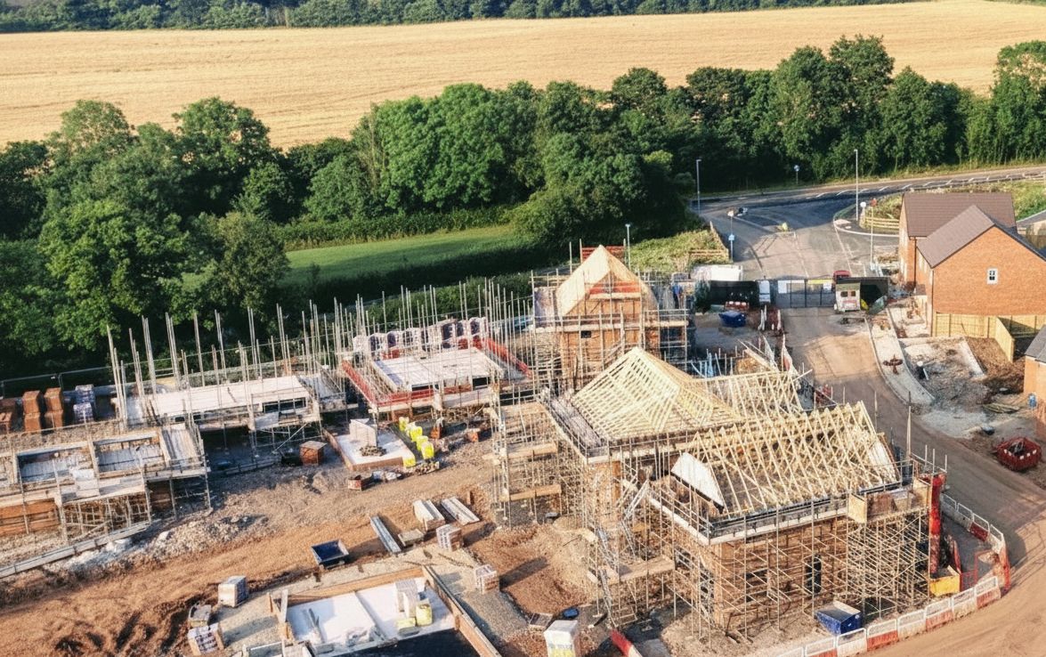 Aerial view of new 161-house residential development construction site